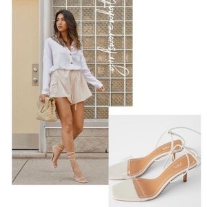 ZARA Wood White Leather Vinyl Heeled Wrap Up Sandals Summer Heels Vacation Flats